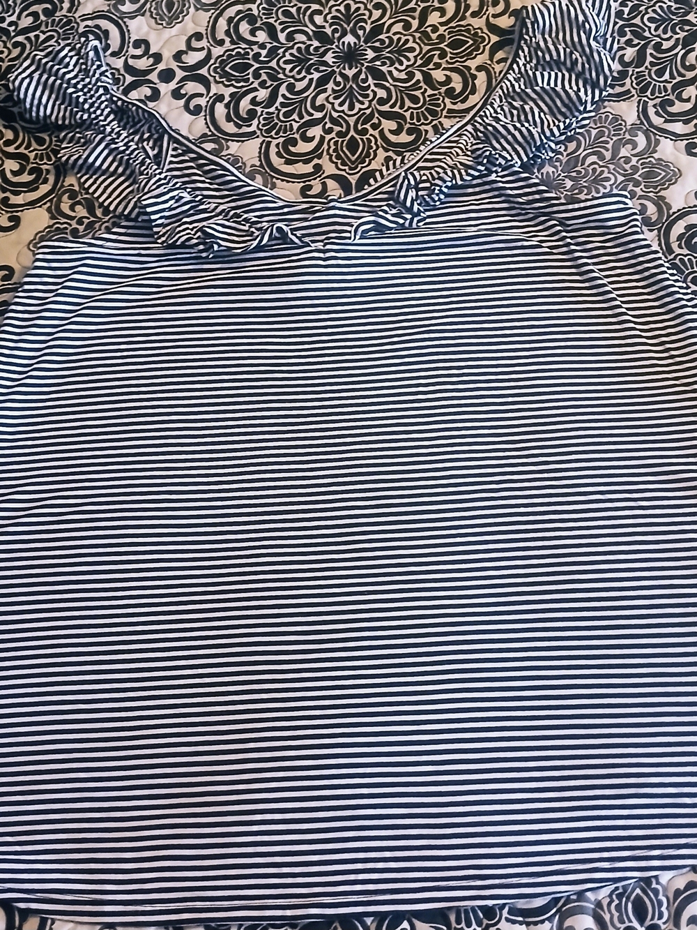 Striped Ruffle Neck Tank Top - Navy & White